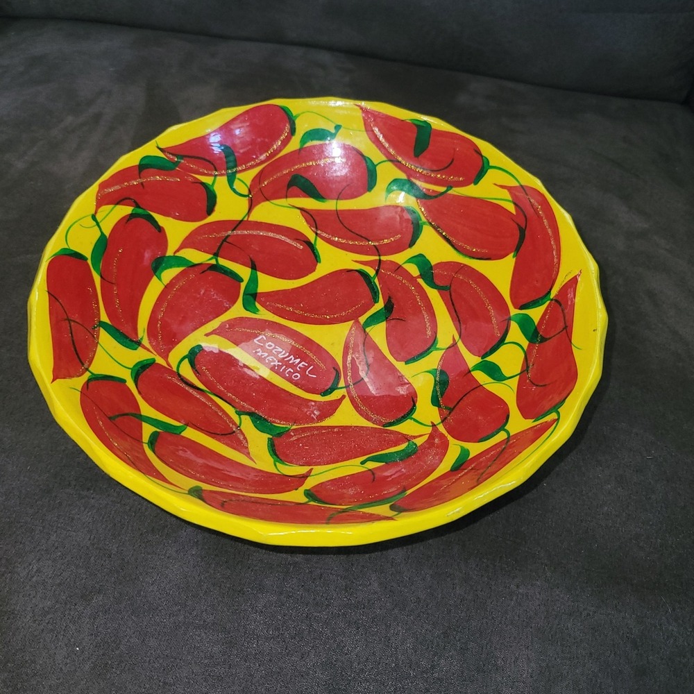 Handpainted Mexican Footed Pottery Bowl Chili Pepper Kitchen Cozumel